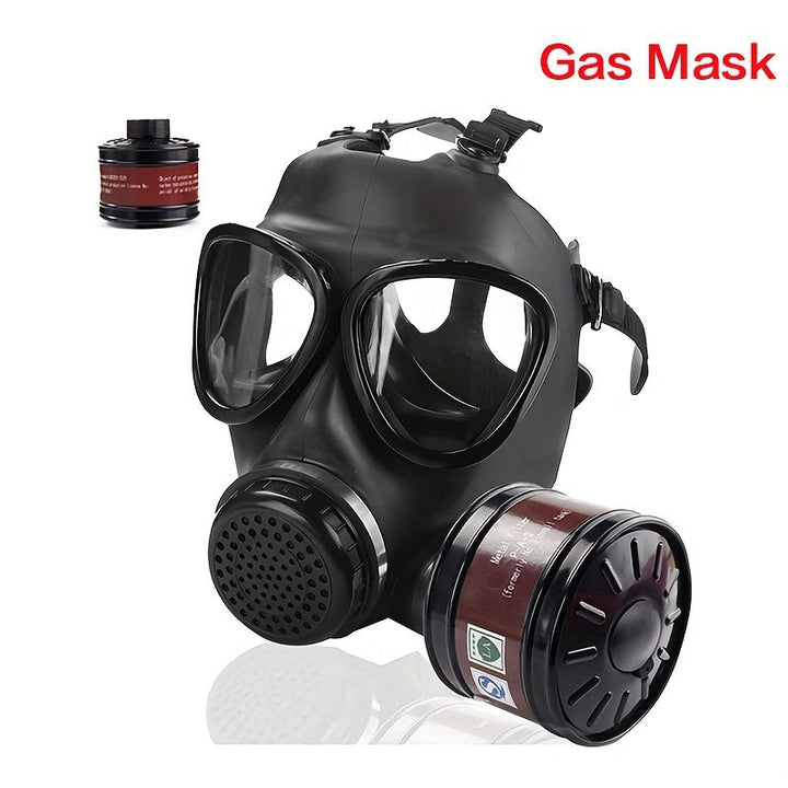 Tactical full face gas mask with activated carbon filter for chemical and dust protection.