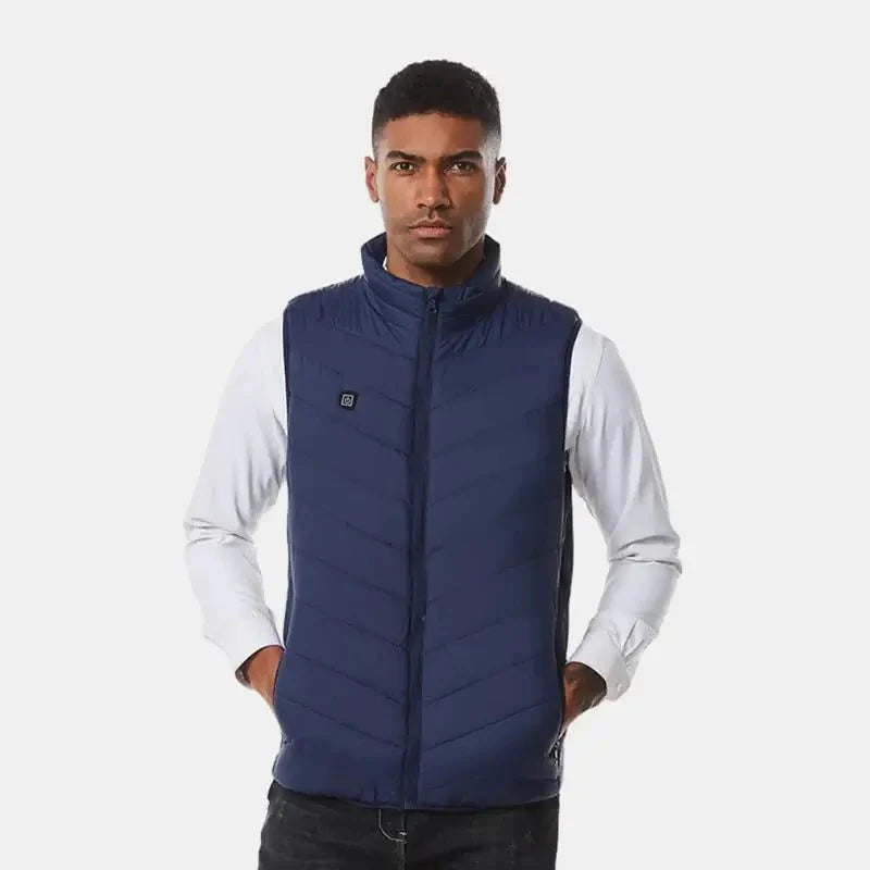Unisex Thermo Heated Gilet front view; sleek black, advanced heating, ideal for cold weather, sports & fitness warmth.
