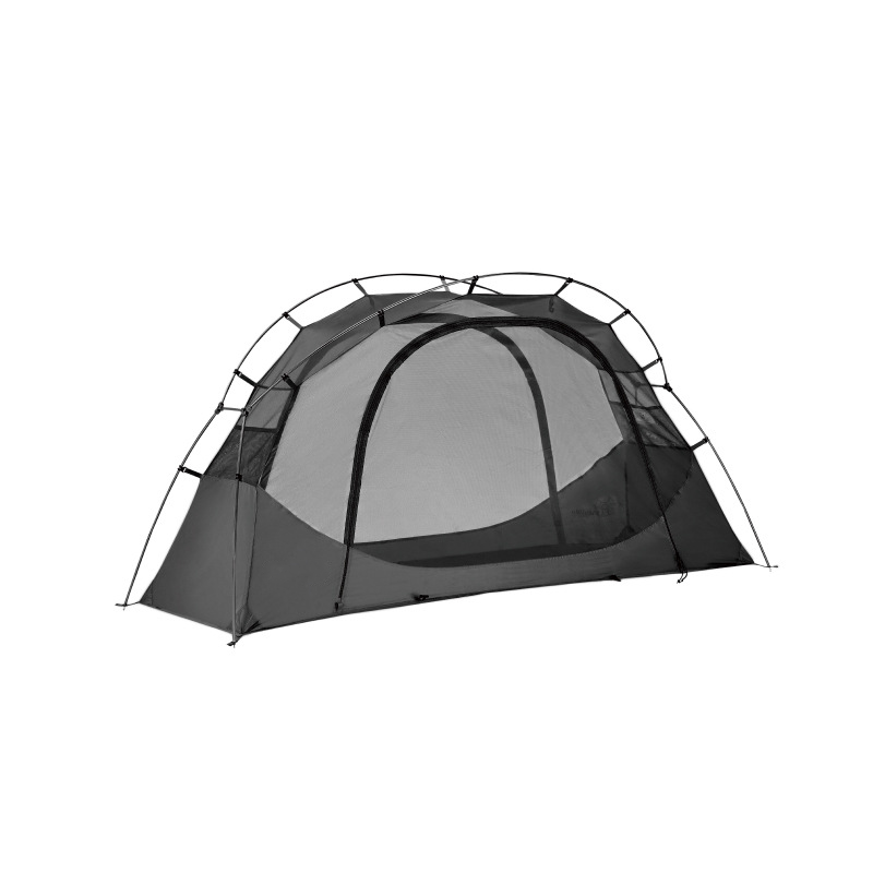 Cot compatible solo bivy tent with rainfly, providing elevated and comfortable camping shelter.