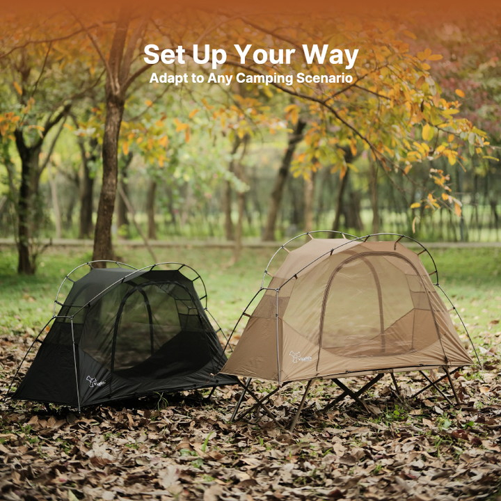 Compact unisex bivy tent, rainfly included, designed for single person elevated camping.