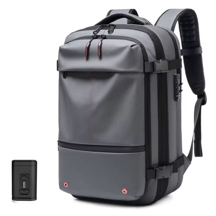 "Unisex Vacuum Travel Backpack with expandable design, anti-theft features, and dry/wet separation in Black, Blue, Gray, Gree