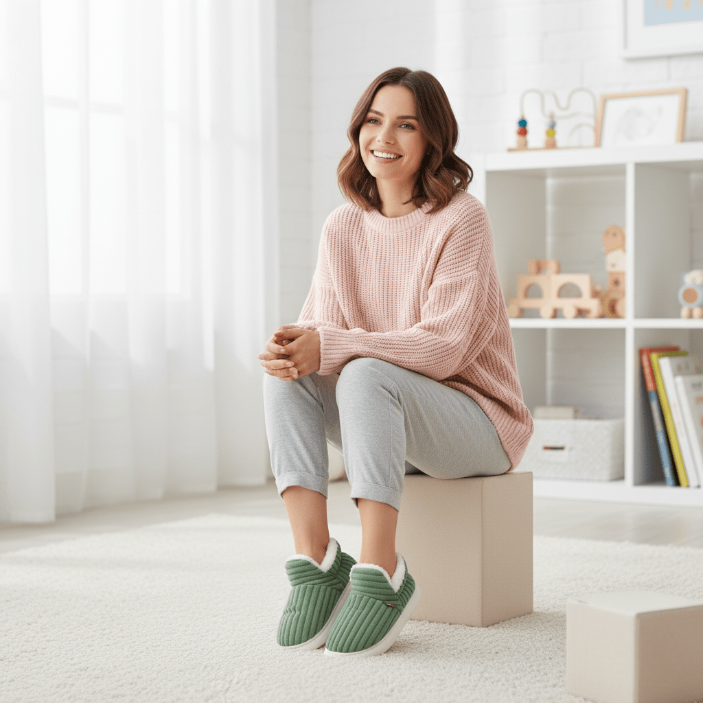 Warm cushioned slippers for indoor comfort; machine washable and non-slip design.