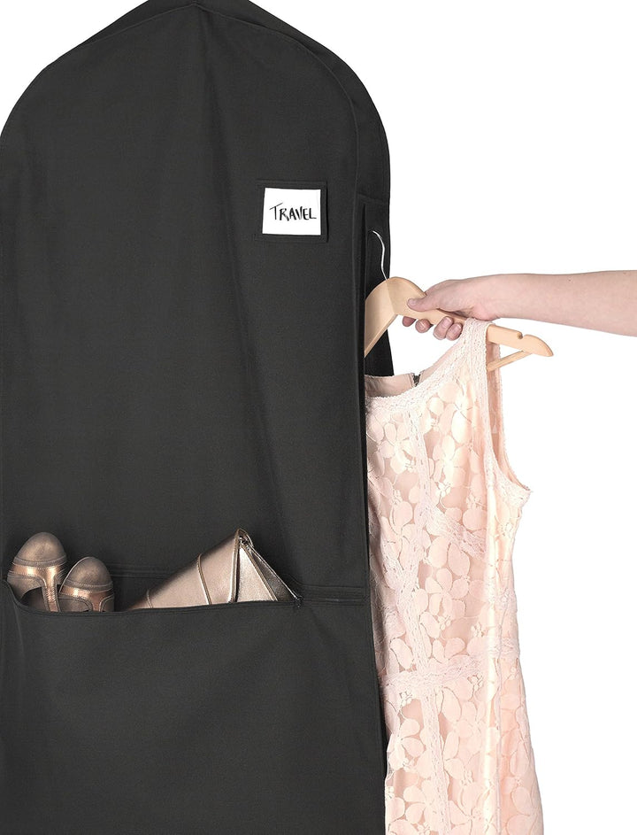 Water-repellent zippered garment travel bag. Unisex clothing protector with a handy accessory pocket for trips.