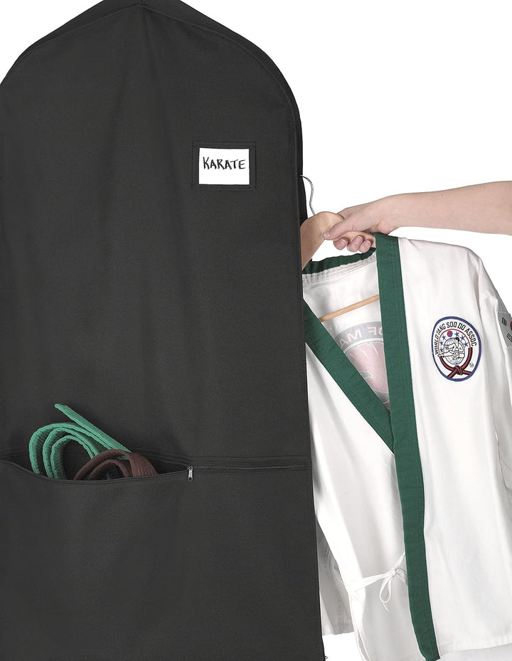 Unisex water-repellent zippered garment bag with accessory pocket. Perfect for organized travel & clothing storage.