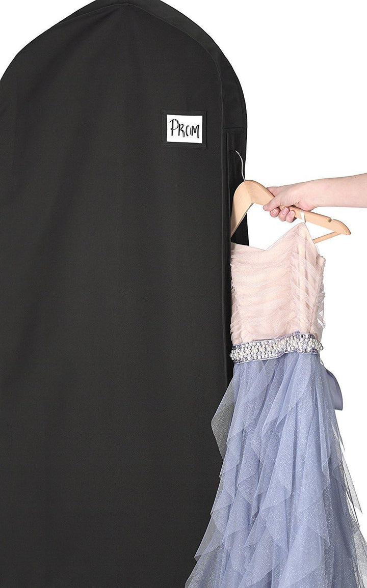 Water-repellent zippered clothing protector travel bag for suits & dresses. Unisex with an accessory pocket.