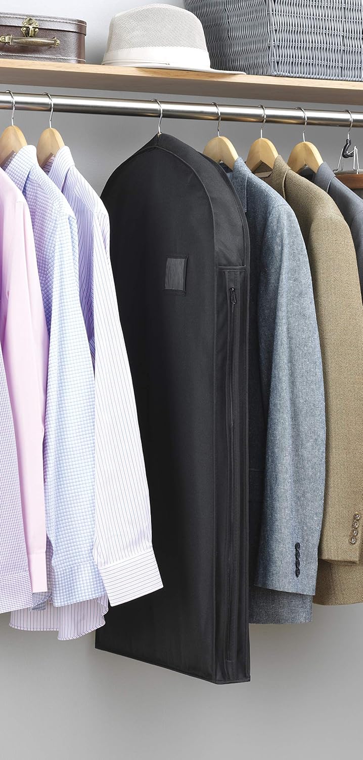 Unisex water-repellent storage garment bag with zipper & accessory pocket. Ideal for travel & clothing organization.