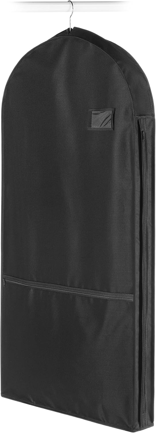 Zippered, water-repellent travel garment bag with accessory pocket. Unisex design protects suits, dresses & more.
