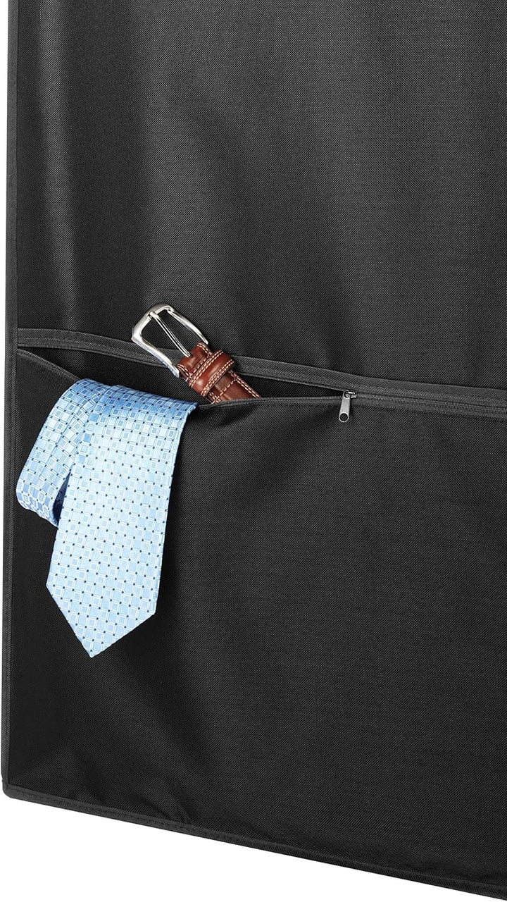 Unisex water-repellent zippered garment bag. Premium travel clothing protector with a convenient accessory pocket.