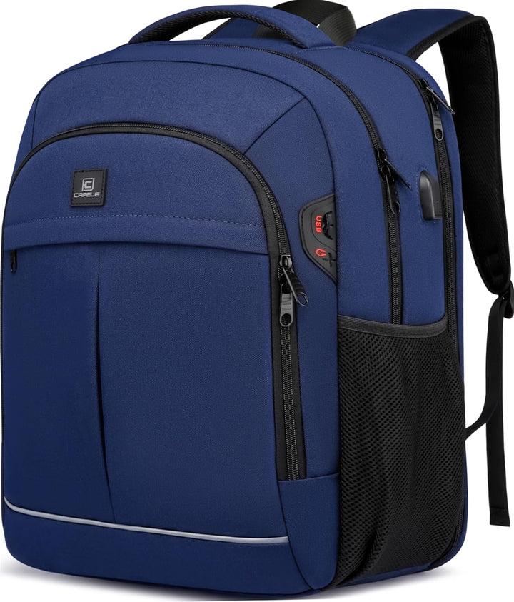 Ergonomic water-resistant laptop backpack with anti-theft features & external USB charging access.