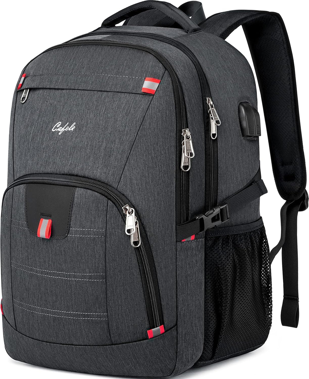High-capacity water-resistant travel backpack with USB charging and advanced anti-theft features.