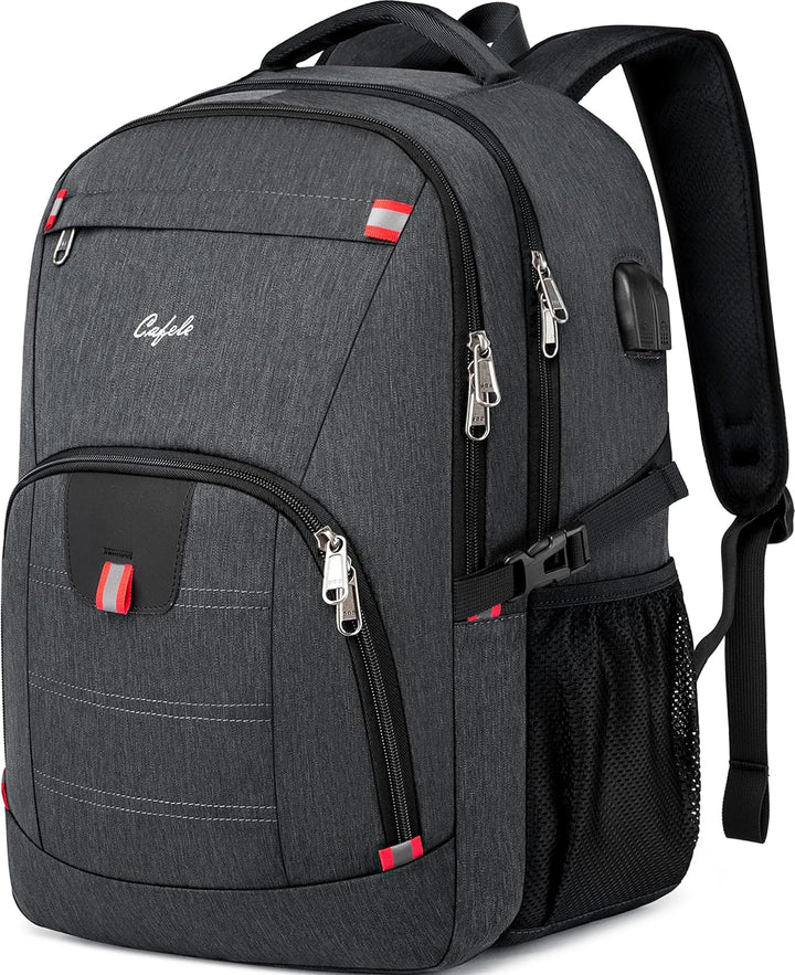 High-capacity water-resistant travel backpack with USB charging and advanced anti-theft features.