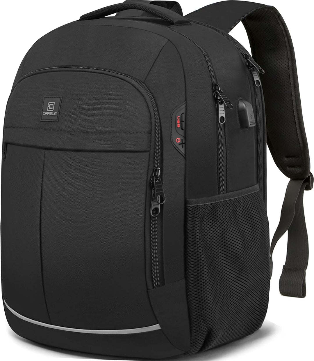 TechPro water-resistant daily use backpack, anti-theft, USB port, keeping essentials safe & charged.