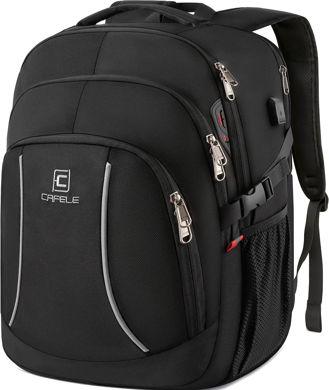 Durable water-resistant backpack for laptops, anti-theft zippers, USB charging, great for students.