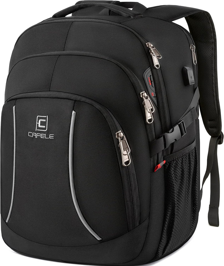 Durable water-resistant backpack for laptops, anti-theft zippers, USB charging, great for students.