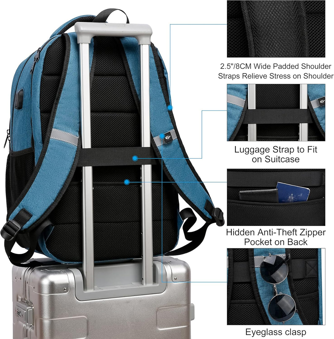 Sleek water-resistant anti-theft backpack with USB port, ideal for tech-savvy men & women.