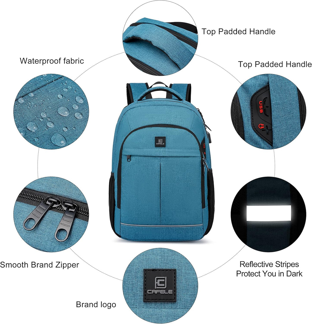 Multi-functional water-resistant school & work backpack, anti-theft, USB charging, comfortable wear.