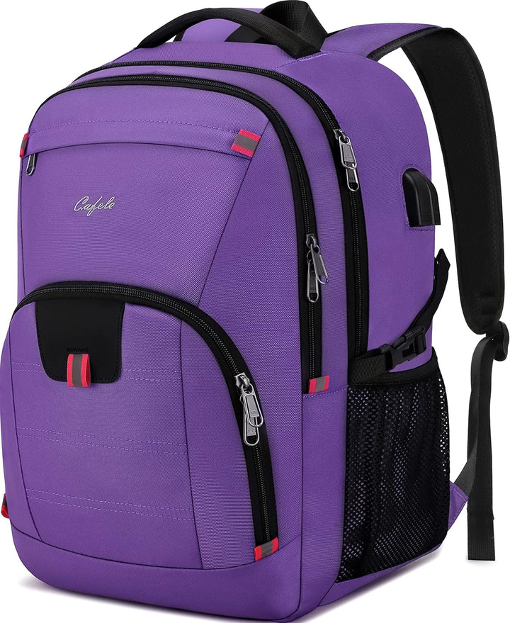 TechPro water-resistant travel backpack, anti-theft design, USB port, perfect for school or work.