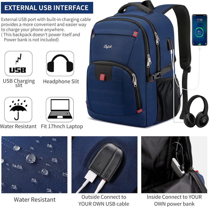 Secure water-resistant school backpack, anti-theft zippers, USB access, and spacious storage.