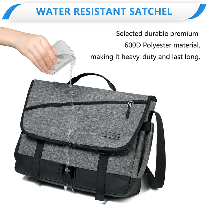 Padded water-resistant laptop messenger bag, unisex, with adjustable strap & multiple compartments for organization.