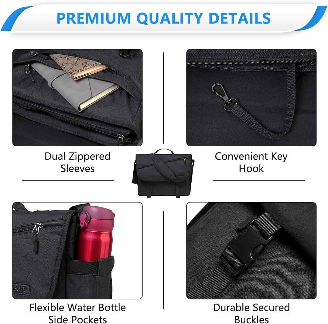 Professional unisex water-resistant messenger bag for laptops, featuring an adjustable shoulder strap & durable design.