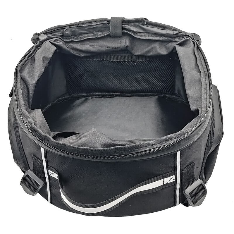 Black waterproof motorcycle travel bag. Foldable, dust-resistant bike luggage for gear storage.