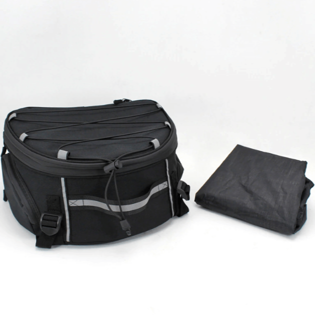Water-resistant black motorcycle gear bag with multiple compartments for organized storage.