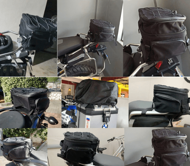 Foldable, water-resistant motorcycle gear bag. Multi-compartment black bag for protective storage.