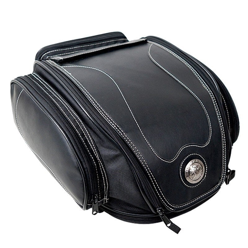 Unisex water-resistant motorcycle tail bag with expandable storage. Perfect for bike luggage & gear.