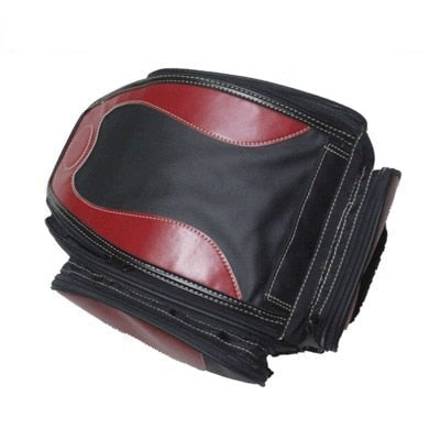 Durable PU leather motorcycle tail bag, water-resistant for all weather. Universal fit bike storage.