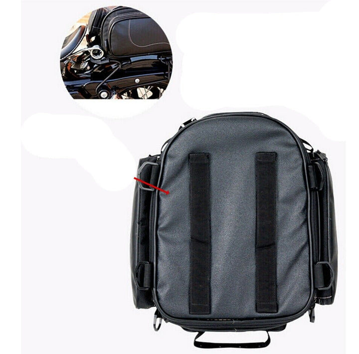 Motorcycle travel bag: water-resistant, expandable PU leather tail bag for long rides & biker gear.