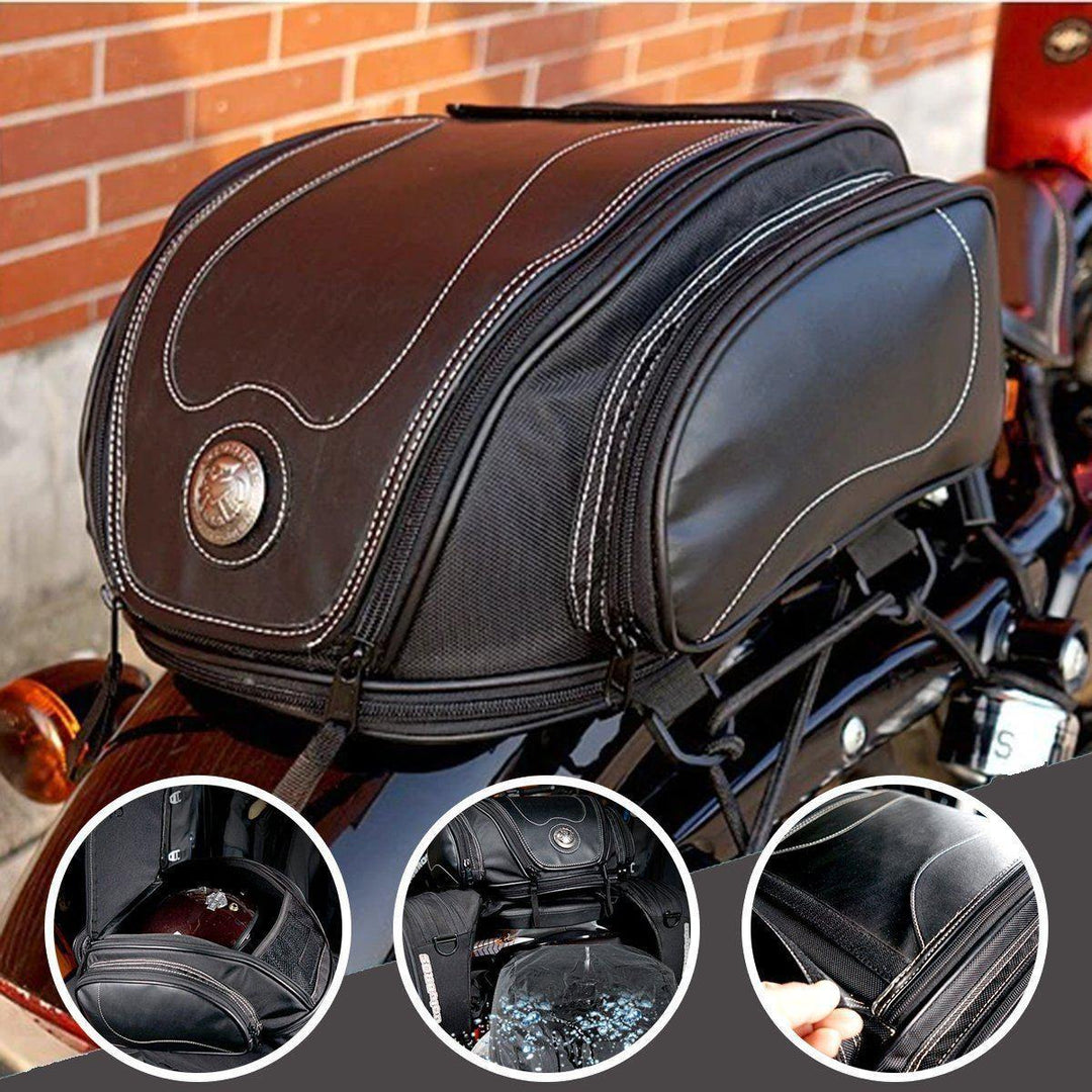 Versatile motorcycle tail bag with expandable storage. Water-resistant PU leather for universal bike fit.