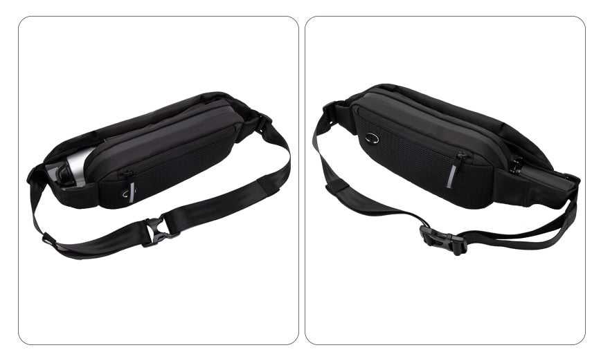 Durable water-resistant fanny pack, multiple pockets for secure storage, hands-free.