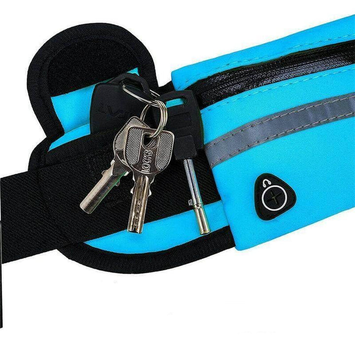 Durable water-resistant running belt for fitness & sports. Unisex design holds phones & gels.