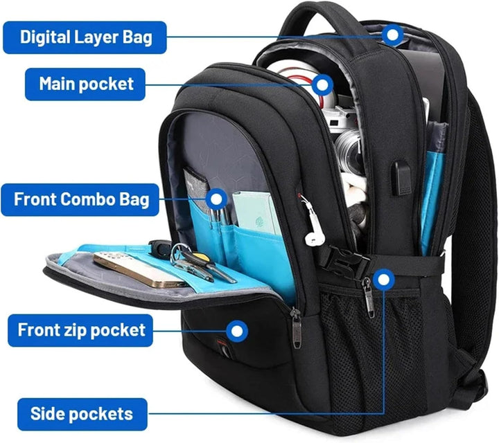 Sleek unisex water-resistant laptop backpack for commuters. Smart organization for work essentials & tech.