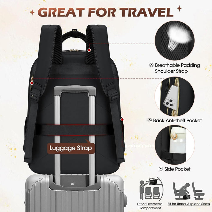 Spacious water-resistant 15.6-inch laptop travel backpack in black, featuring organized pockets for work, school & trips.
