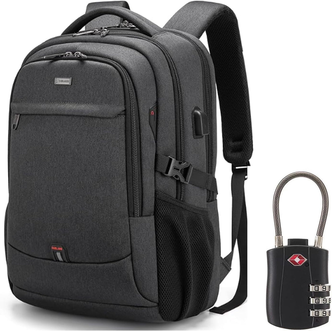 Unisex water-resistant travel laptop backpack with USB port, black.