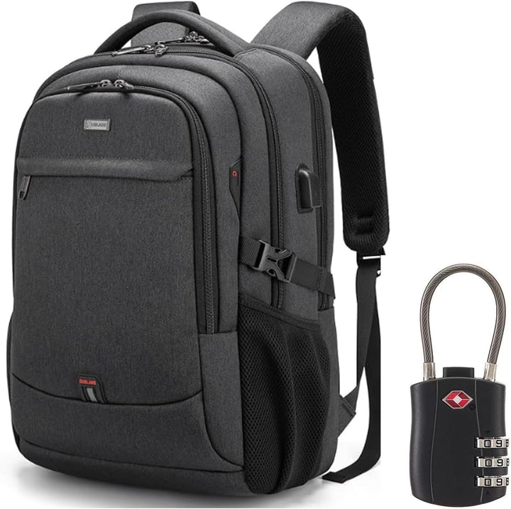 Unisex water-resistant travel laptop backpack with USB port, black.