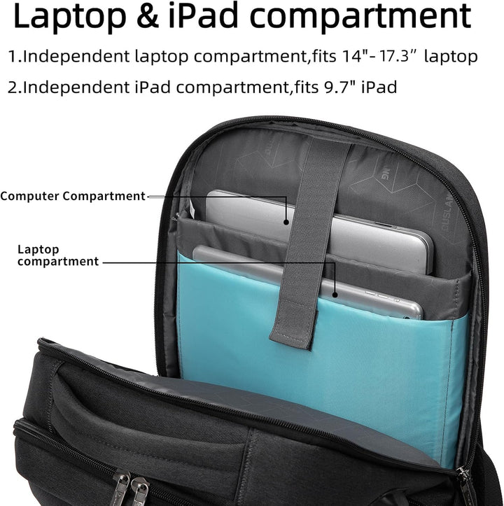 Men's water-resistant travel backpack with USB port, fits 15.6-inch laptop.