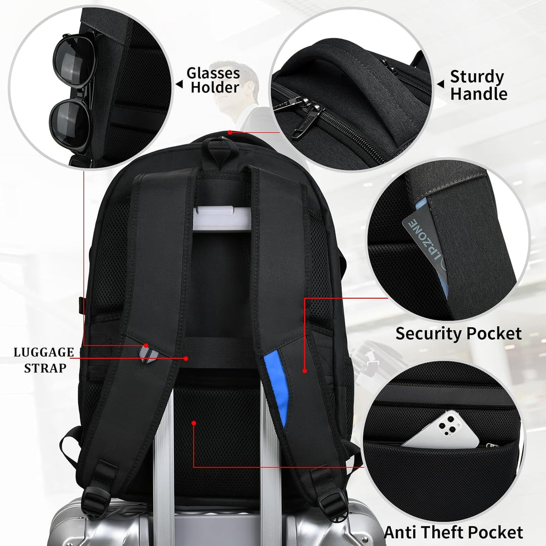 Anti-theft water-resistant backpack, carry-on size, with USB charging.