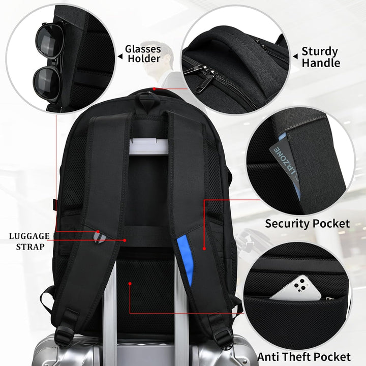 Anti-theft water-resistant backpack, carry-on size, with USB charging.