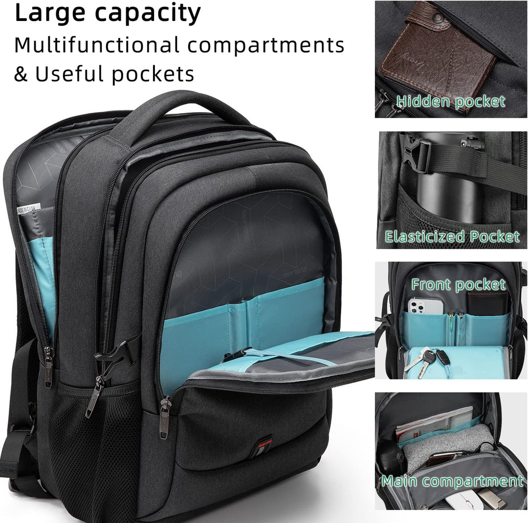 Sleek black water-resistant laptop backpack with USB port for charging on-the-go.