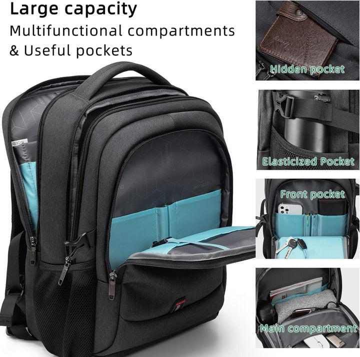 Sleek black water-resistant laptop backpack with USB port for charging on-the-go.