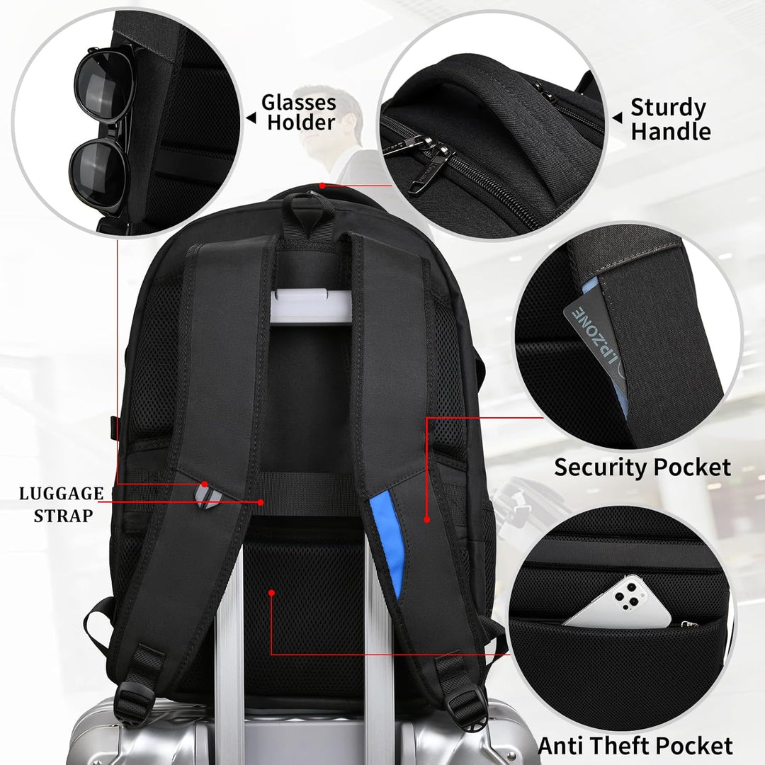 Versatile unisex travel laptop backpack, water-resistant, with USB charging.