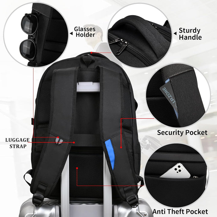 Versatile unisex travel laptop backpack, water-resistant, with USB charging.