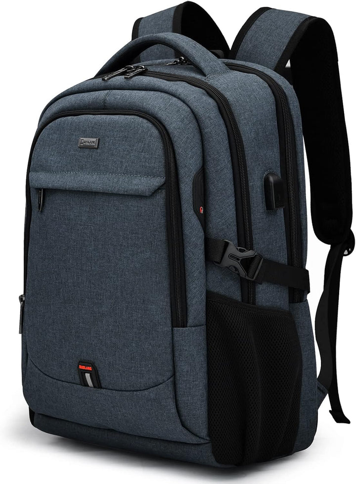 Front view: water-resistant travel laptop backpack with USB port and multiple pockets.