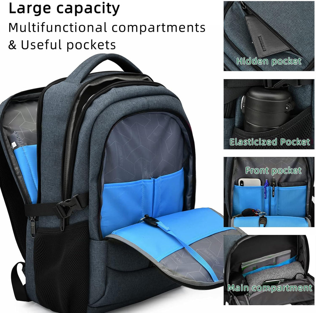 Interior view: organized compartments of anti-theft laptop backpack, spacious.