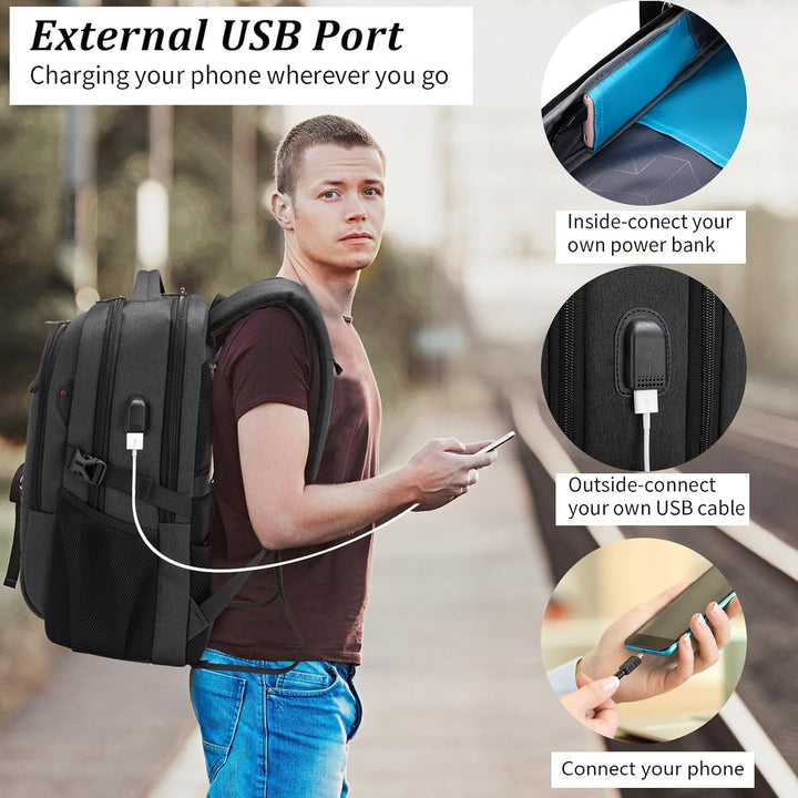 Water-resistant unisex backpack with organized storage for electronics and essentials.