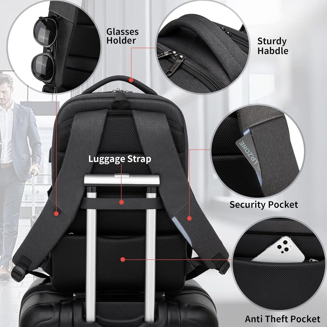 Modern water-resistant backpack with USB charging, perfect for urban commute.