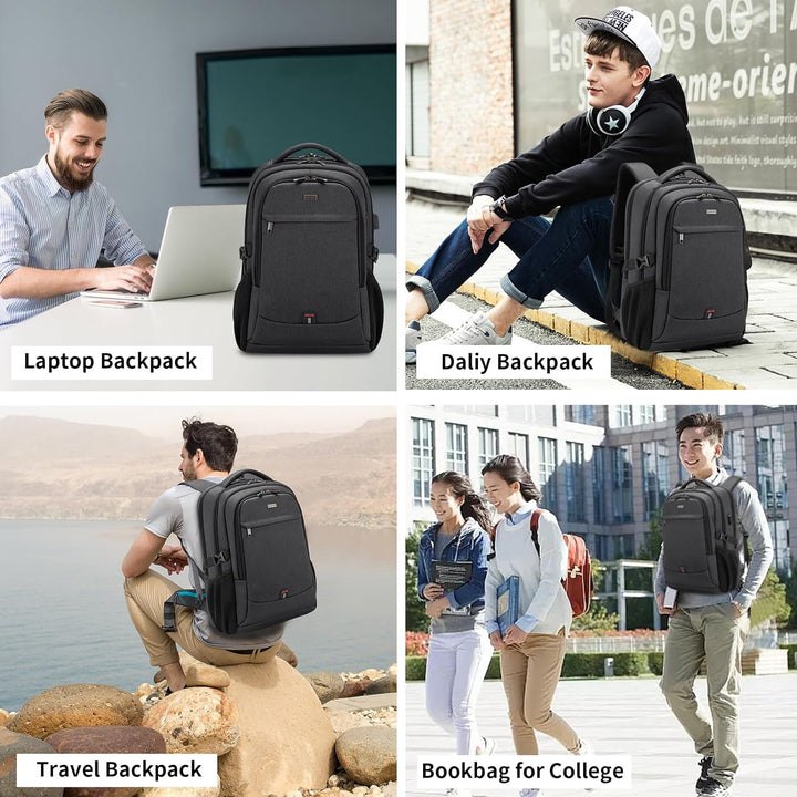 Unisex student backpack with USB port, water-resistant, and secure laptop sleeve.