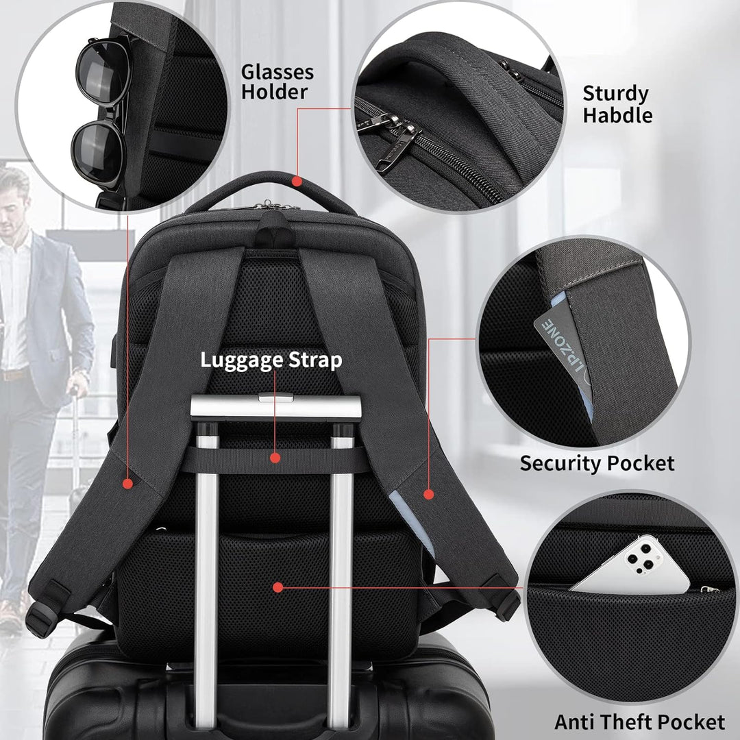 Durable water-resistant backpack for daily use, with USB charging and anti-theft.